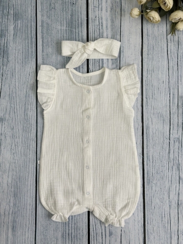 341-МО. Песочник с повязкой для девочки из муслина, хлопок 100%, р 62,68,74,80 молочный